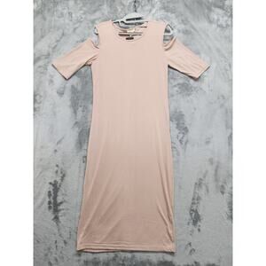 NEW YELETE Dress Womens S Tan Scoop Neck Cold Shoulder Short Sleeve Midi Stretch